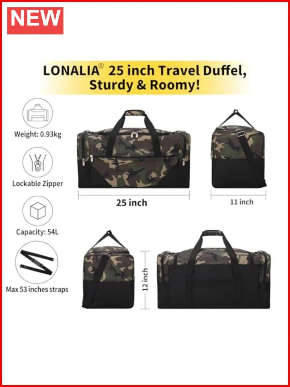 Large Travel Duffel Bag 56L Weekender with Trolley Sleeve